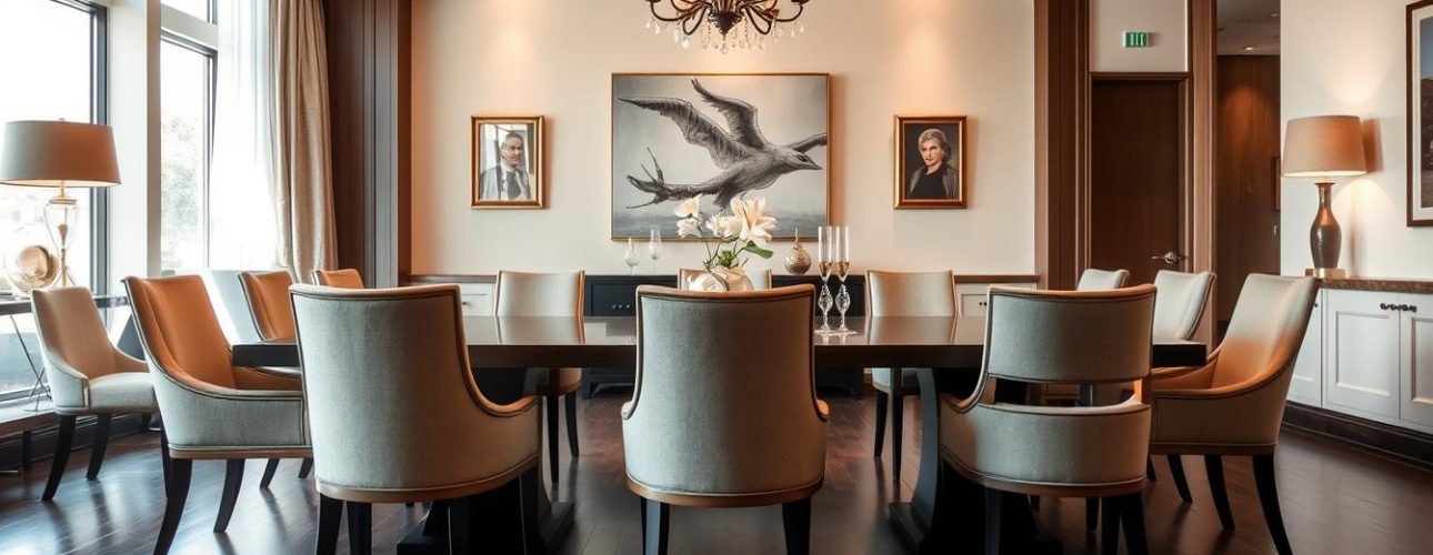 Elegante eetkamer met perfect geplaatste stoelen rond een tafel, met duidelijke ruimte tussen eetkamerstoelen