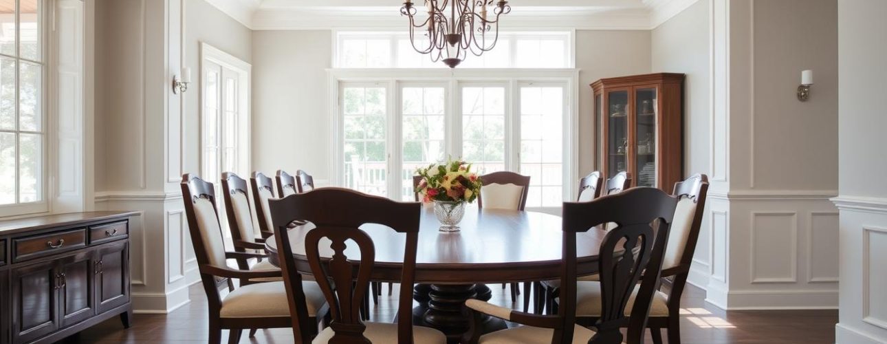Elegante eetkamerstoelen met armleuning rond een houten eettafel in een lichte eetkamer