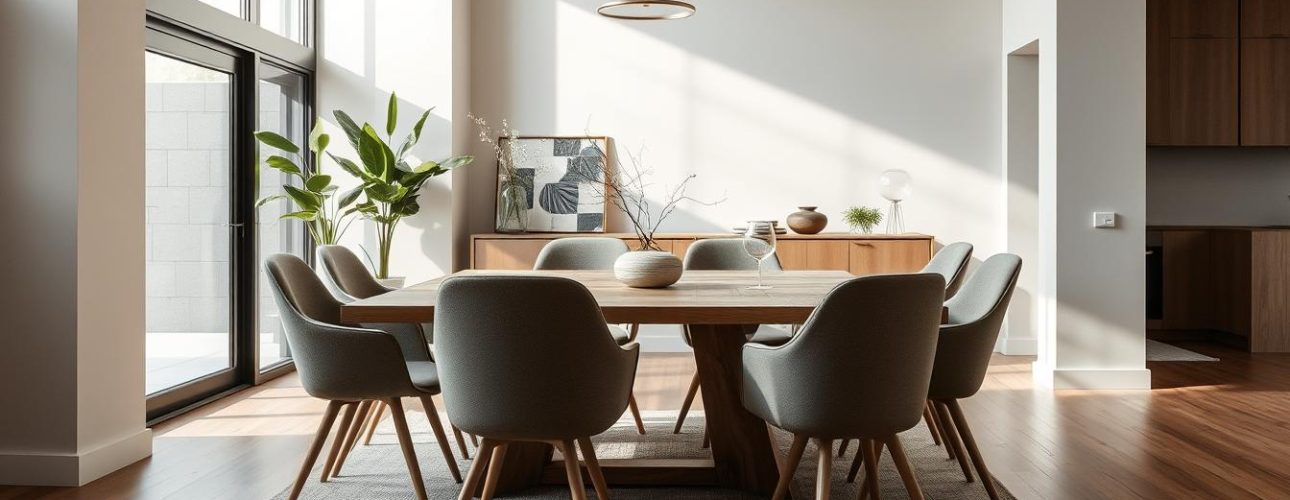 Elegante eetkamerstoelen zonder armleuning rond een houten eettafel in een modern interieur
