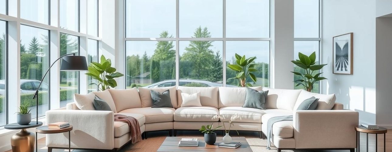 Elegante hoekbank in een moderne woonkamer met veel ruimte en licht