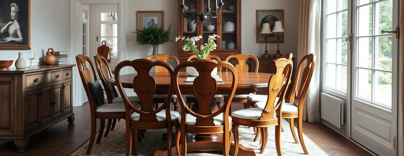 Elegante klassieke eetkamerstoelen rond een houten eettafel in een stijlvol interieur