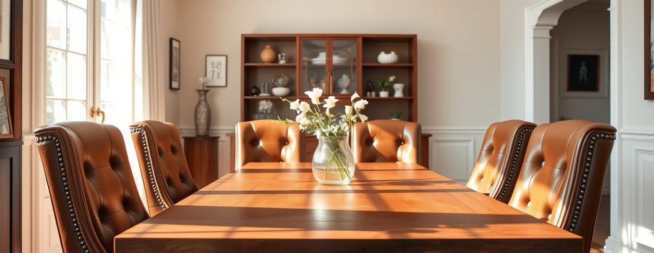 Elegante leren eetkamerstoelen in een stijlvolle eetkamer setting