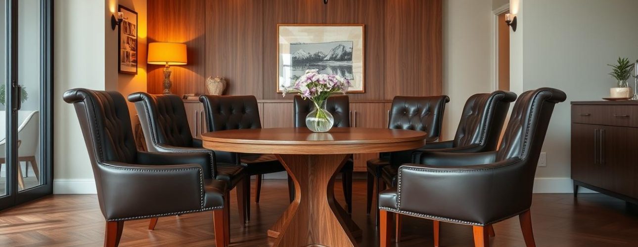 Zes leren eetkamerstoelen rondom een ronde houten eettafel in een moderne eetkamer.