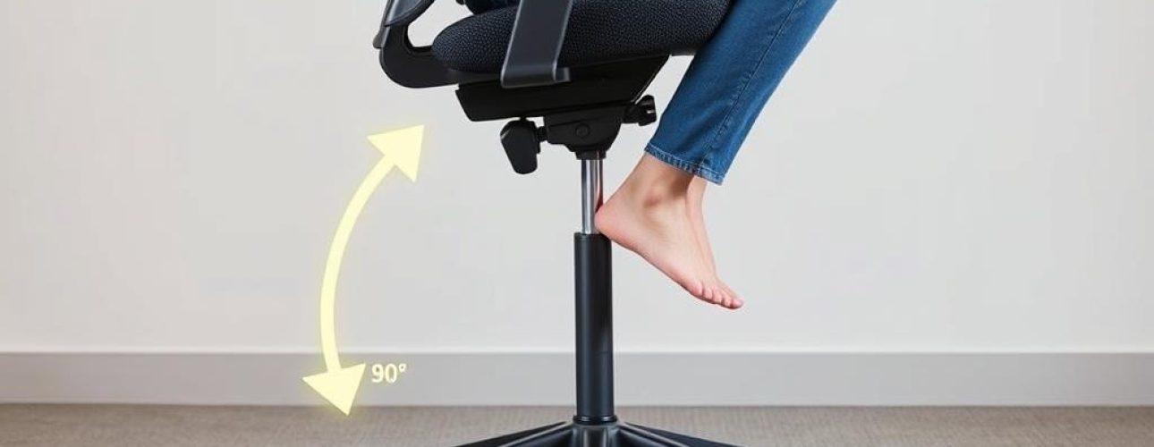 Persoon die in een ergonomische zithouding op een verstelbare bureaustoel zit met een rechte rug.