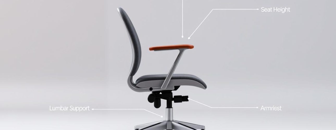 Ergonomische eetkamerstoel met aanduiding van belangrijke comfortkenmerken zoals rugondersteuning en zithoogte