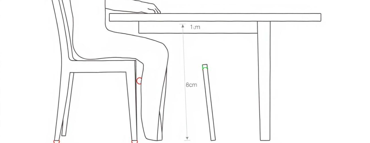 Illustratie van een ergonomische zithouding aan een eettafel met stoelhoogte-aanduiding.
