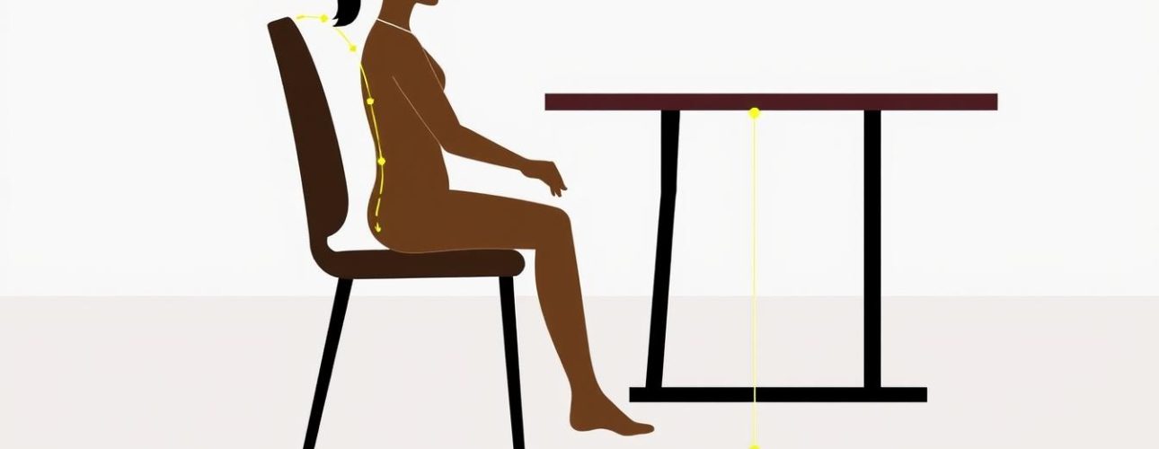 Illustratie van een persoon in een ergonomische zithouding aan een eettafel met hogere stoelen.