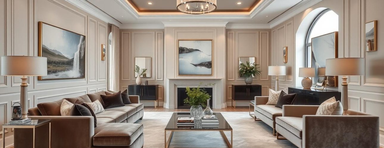 woonkamer met luxe meubels en neutrale kleuren