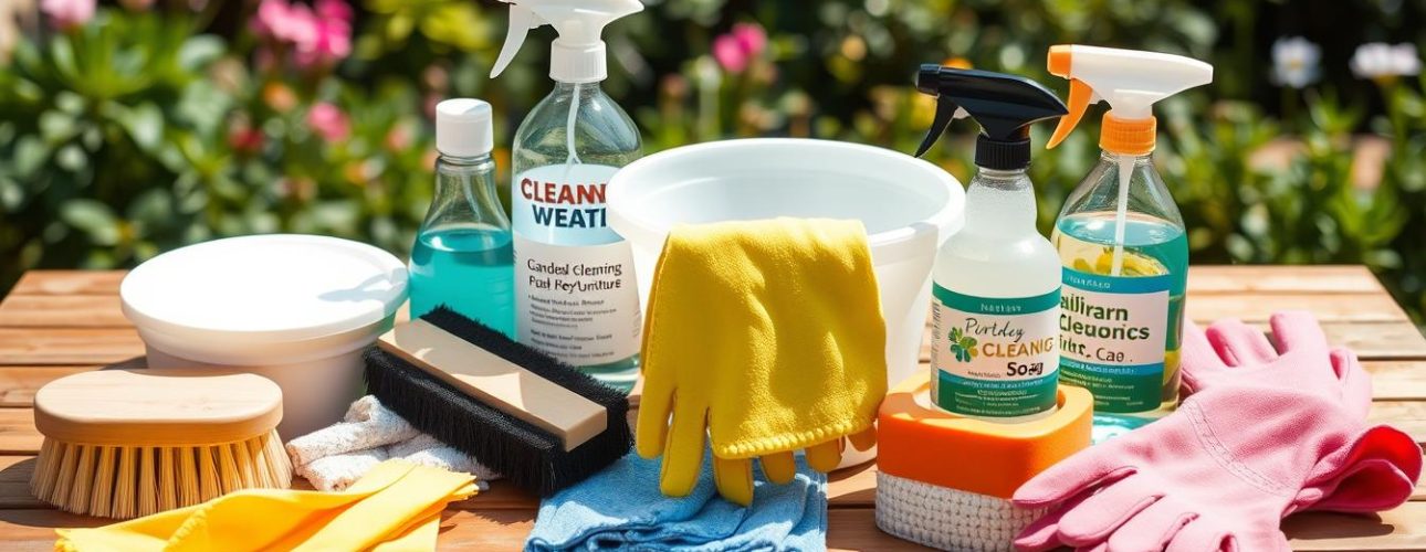 Essentiële schoonmaakbenodigdheden voor tuinmeubelen zoals borstels, sponzen, emmers en natuurlijke reinigingsmiddelen