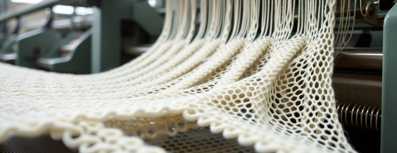 Detailopname van een boucle-weefmachine met een geweven stof in productie.