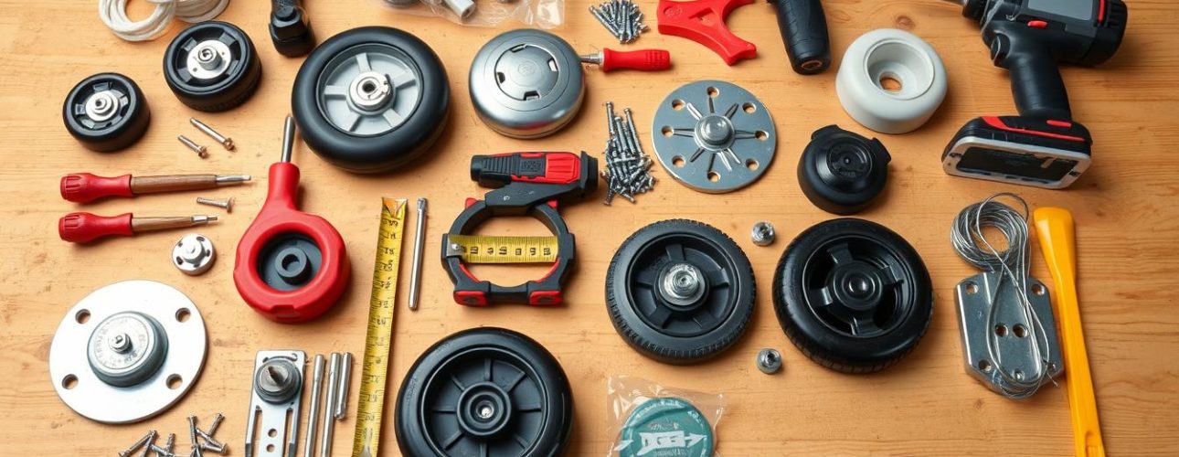 Gereedschappen en materialen voor het monteren van wielen onder een gewone stoel