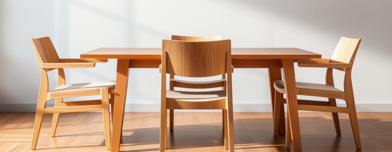 Houten eetkamertafel met vier stoelen in een lichte ruimte.