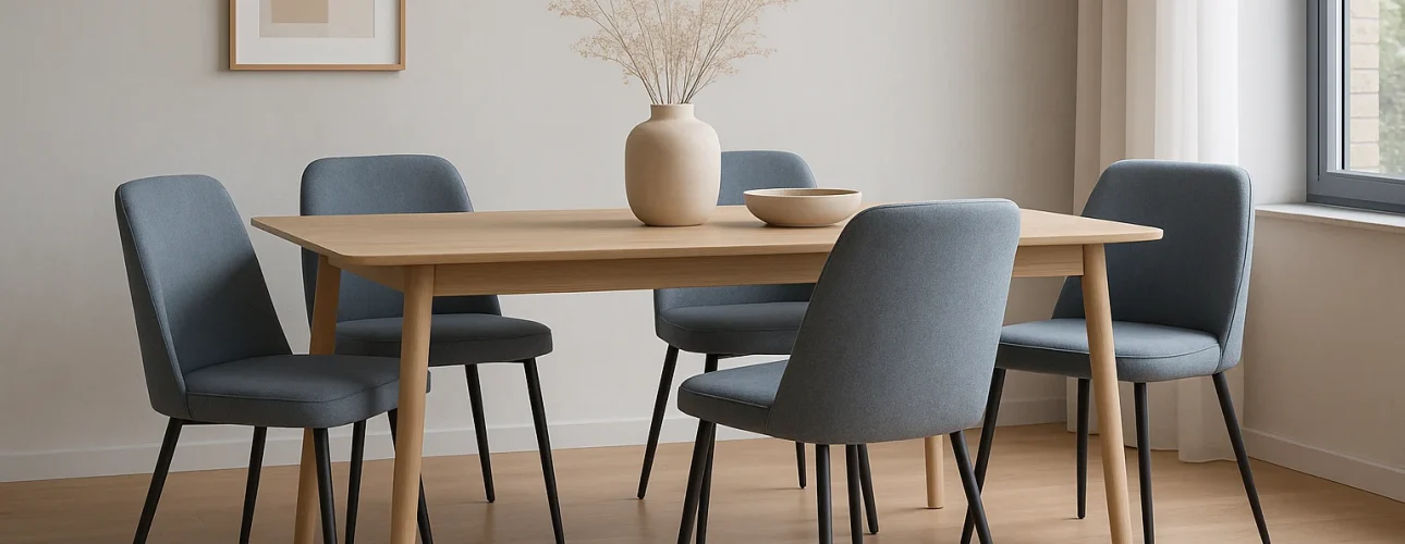 Een minimalistische eetkamer met een lichte houten tafel, vijf grijsblauwe eetkamerstoelen met zwarte poten, een beige vaas met droogbloemen, een schaal, ingelijste abstracte kunst aan de muur en een groot raam met witte gordijnen.