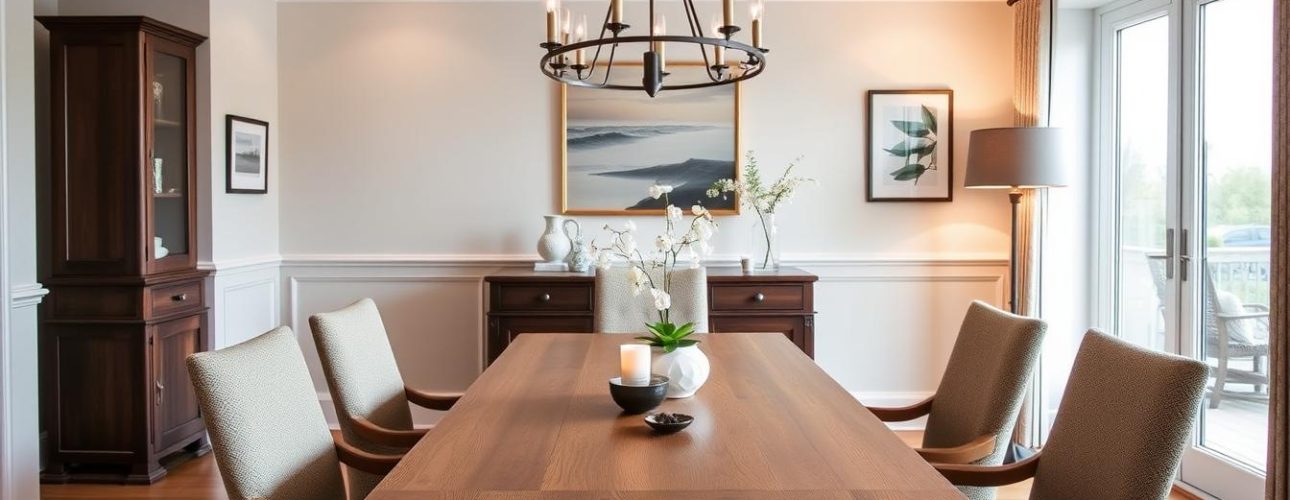 Harmonieuze eetkamer met eikenhouten tafel en bijpassende stoelen