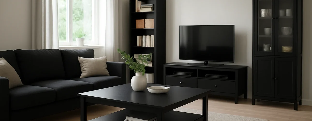 Een moderne woonkamer met zwarte meubels, waaronder een bank, salontafel, tv-meubel, boekenplank en vitrinekast - perfect als je je hebt afgevraagd: Heeft Ikea zwarte meubels? Lichte muren en een minimale inrichting creëren een schone, gezellige sfeer.