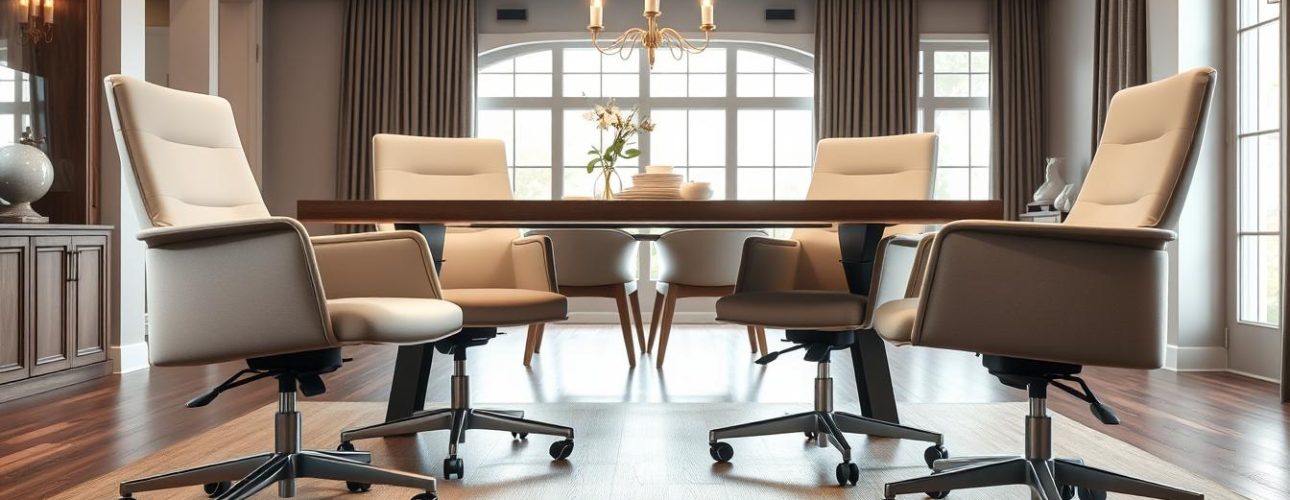 High-quality, detailed image of four modern, ergonomic dining room chairs with casters or wheels, shown in a well-lit, spacious dining area. The chairs should have a sleek, minimalist design with smooth, neutral-toned upholstery, sturdy metal or wood frames, and prominent, durable casters that allow for easy mobility. Capture the chairs from multiple angles, showcasing their functionality and aesthetic appeal within the elegant dining setting. The lighting should be bright yet soft, creating an inviting and sophisticated atmosphere. Convey a sense of comfort, practicality, and stylish refinement that would make these dining chairs the perfect choice for the featured article.