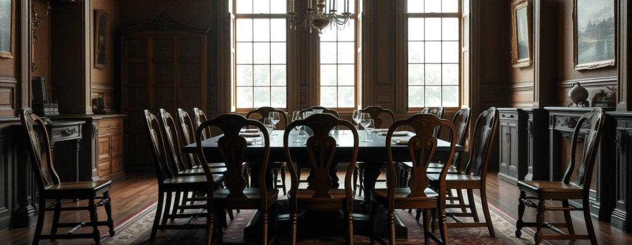 Historische eetkamerstoelen zonder armleuning rond een antieke eettafel