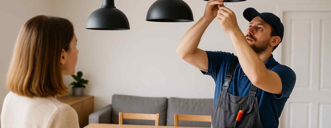 Installateur monteert zwarte hanglamp boven houten eettafel. Vrouw kijkt toe. Lichte muren, grijze bank. Comfortabel design in woonkamer.