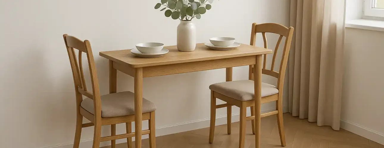 Een kleine houten eettafel - perfect als je je afvraagt "hoe ras is een smalle eettafel"- met twee bijpassende stoelen, gedekt met schalen en een vaas met groene bladertakken, staat bij een raam met beige gordijnen in een lichte, minimalistische kamer.