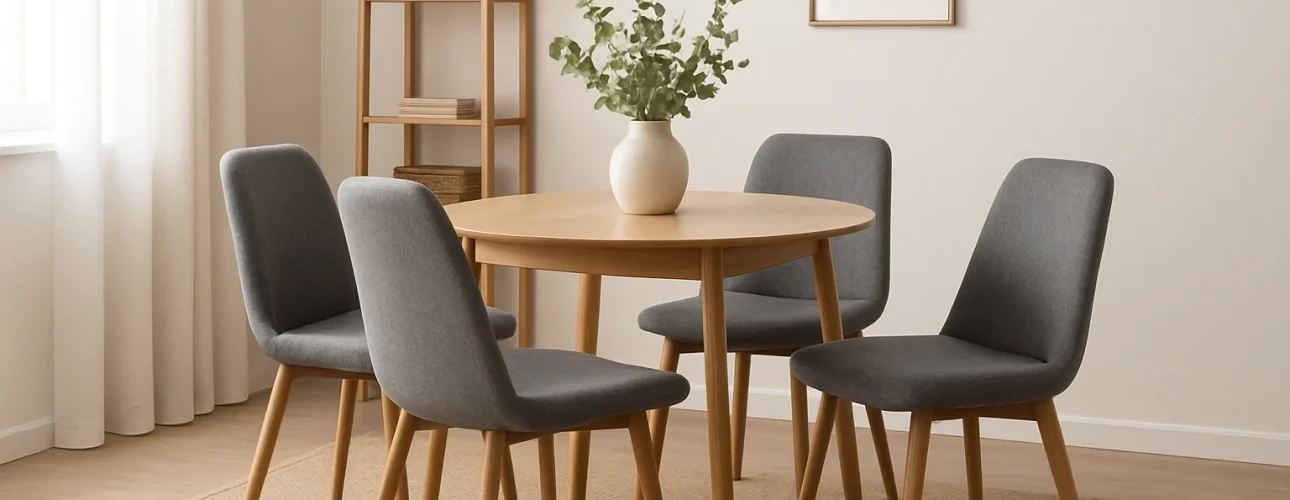 Een ronde houten eettafel met een witte vaas met groene bladeren, omringd door vier grijs gestoffeerde stoelen - perfect voor wie zich afvraagt: hoe combineer je 4 grijze eetkamerstoelen - staat op een beige vloerkleed in een zacht verlichte, minimalistische kamer met lichte muren en een eenvoudige inrichting.