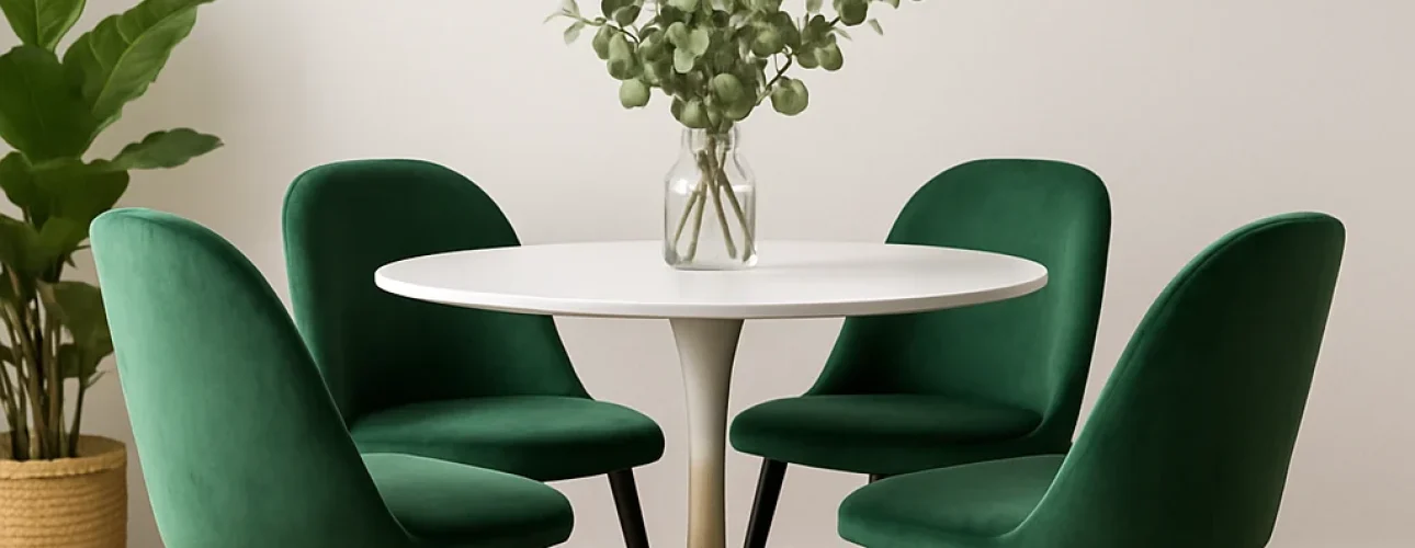 Een moderne eethoek met een ronde witte tafel en vier groene fluwelen stoelen laat zien hoe je 4 groene eetkamerstoelen combineert. Een vaas met groen, een potplant en een varenprint op de witte muur maken de minimalistische, frisse look compleet.