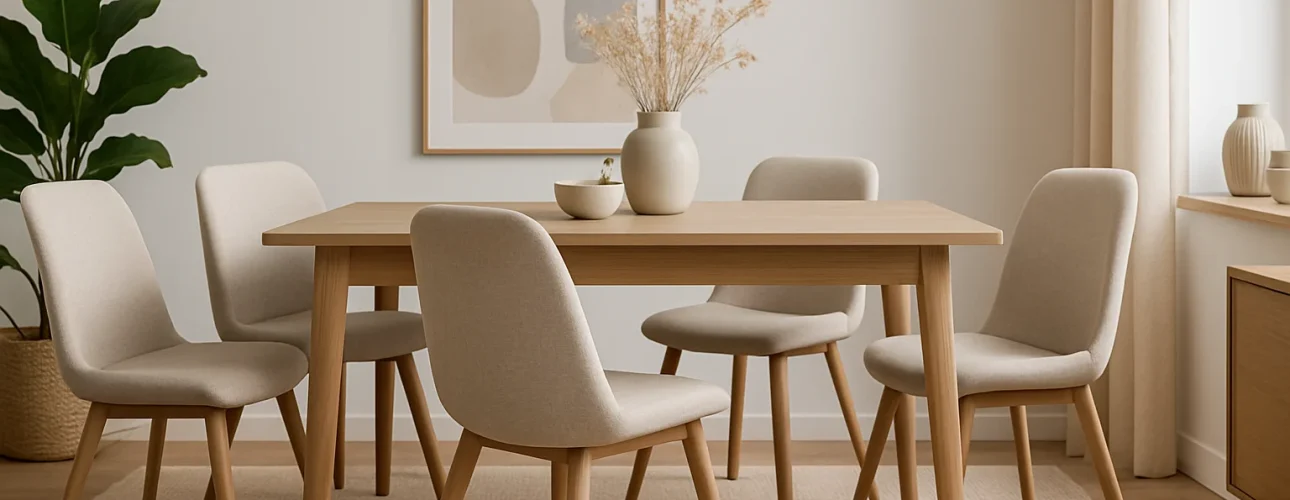 Een moderne eetkamer met een lichthouten tafel, zes beige gestoffeerde stoelen - hoe combineer je beige eetkamerstoelen? - een vaas met droogbloemen, neutrale muurkunst, een plant in potten en zacht natuurlijk licht van transparante gordijnen.