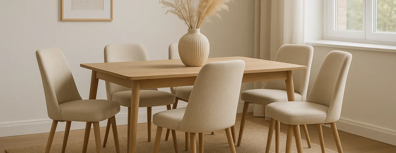 Een minimalistische eetkamer met een houten tafel, zes beige gestoffeerde stoelen - perfect om inspiratie op te doen over hoe combineer je eetkamerstoelen - een vloerkleed met structuur, een middenstuk van pampagras, lichte gordijnen, een groot raam en abstracte muurkunst.