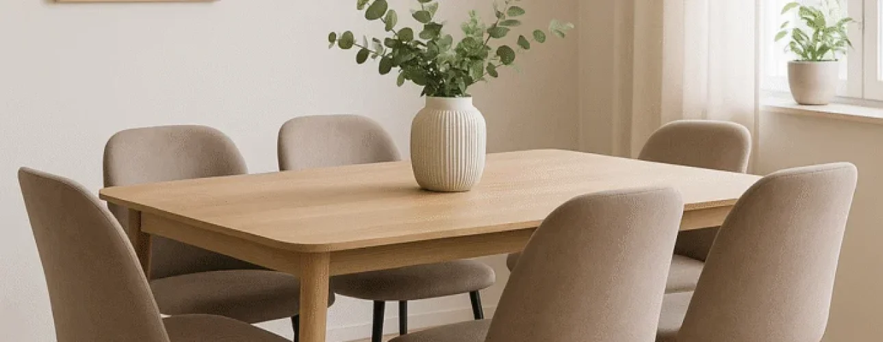 Een moderne eetkamer met een houten tafel, zes beige stoelen - perfect voor wie zich afvraagt "Hoe combineer je eetkamerstoelen beige"- een witte hanglamp, een vaas met groene bladeren, neutrale muurkunst, lichte gordijnen en zachte natuurlijke verlichting.