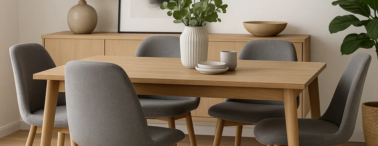 Een moderne eetkamer met een lichthouten tafel, vijf grijs gestoffeerde stoelen - perfect voor wie zich afvraagt "hoe combineer je grijze eetkamerstoelen" - een witte vaas met groen, een neutrale inrichting, een dressoir, abstracte kunst, een lamp en een grote bladplant in de hoek.