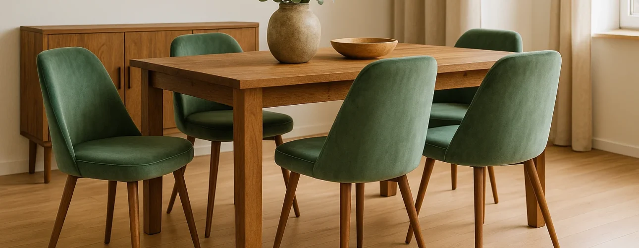 Een eetkamer met een houten tafel en vijf groen gestoffeerde stoelen laat zien hoe je groene eetkamerstoelen kunt combineren. Een keramische vaas met groene bladeren, een houten schaal, lichte houten vloeren en neutrale muren creëren een warme, minimalistische sfeer.