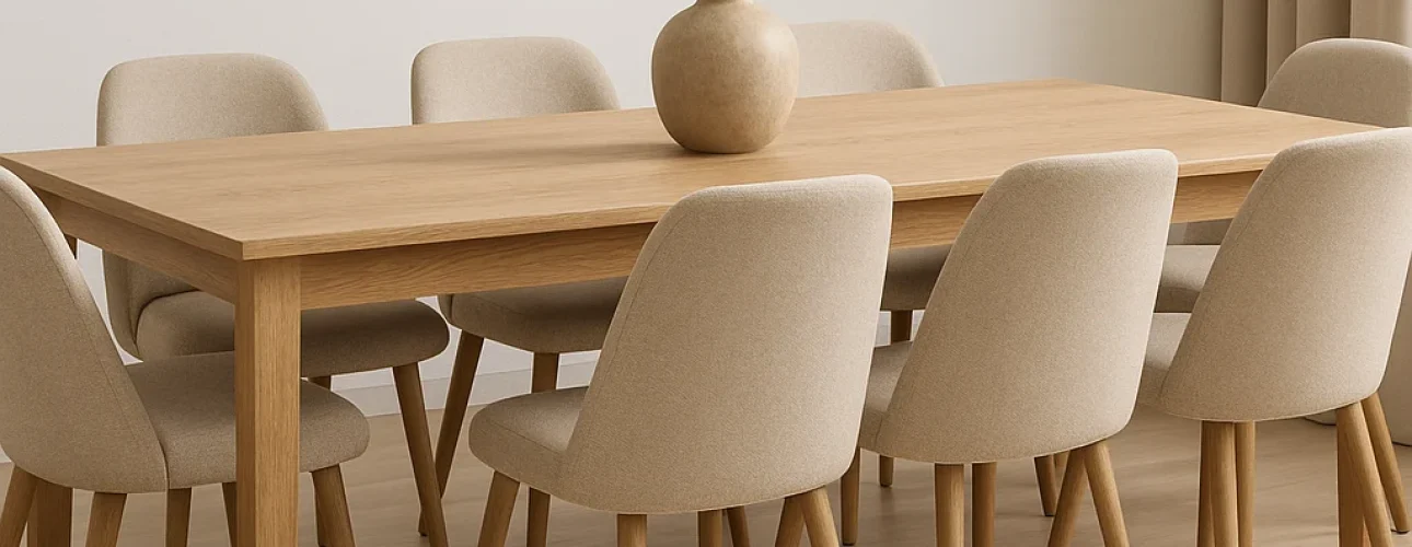 Een moderne eetkamer met een lichte houten tafel, acht beige gestoffeerde stoelen - perfect als je je afvraagt: hoe combineer je moeiteloos 6 beige? Neutrale tinten en een minimalistische inrichting worden versterkt door een keramische vaas met gedroogde bloemen als middelpunt.