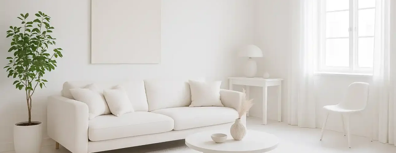 Minimalistische woonkamer met witte muren, bank en decor. Op een ronde salontafel staan een vaas en een schaal. Richt je een volledig serene ruimte in met een potplant naast de bank en transparante gordijnen die zacht licht binnenlaten.