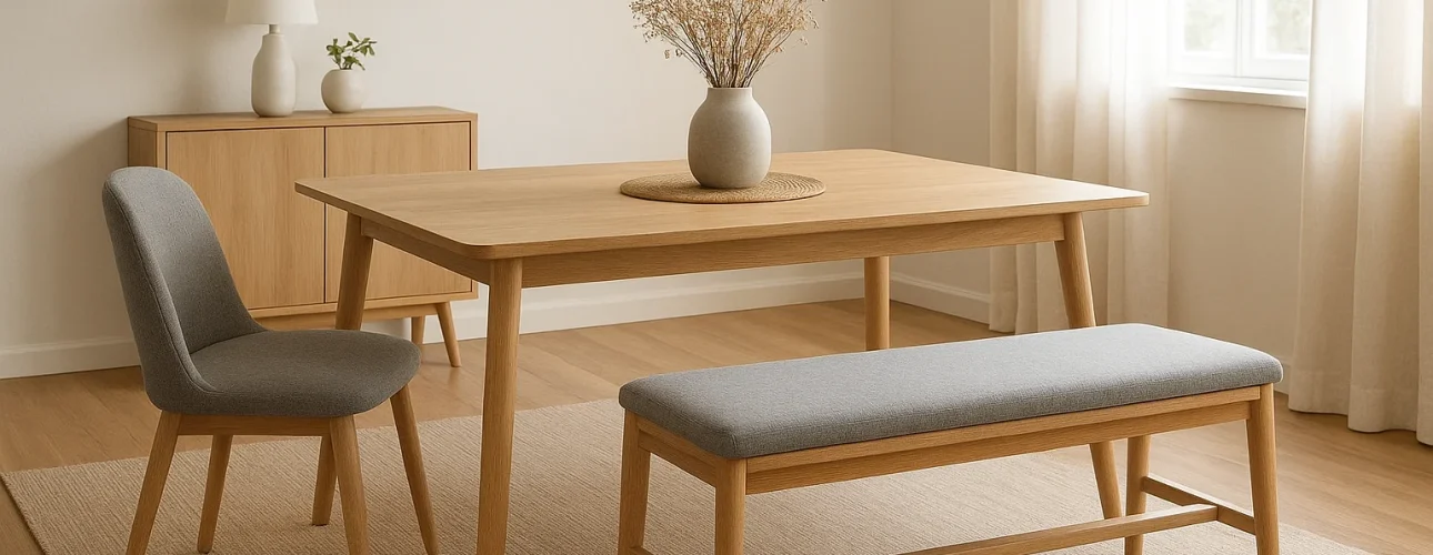 Een minimalistische eetkamer met een houten tafel, een grijze stoel met kussens en een bijpassende bank op een beige vloerkleed. Net als "wat is het verschil tussen een salontafel en een bijzettafel", dient elk stuk zowel functie als stijl te midden van zacht natuurlijk licht.