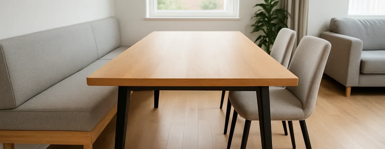 Minimalistische eethoek met een houten tafel, twee gestoffeerde stoelen, een grijze bank, hardhouten vloeren en een plant in pot - perfect voor wie zich afvraagt: wat is het verschil tussen een salontafel en een bijzettafel in je interieur?.