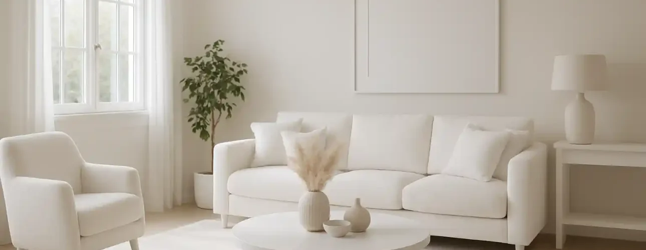 Een lichte, minimalistische woonkamer laat zien hoe je gebruik maakt van je wit in interieurontwerp: met een witte bank, fauteuil, ronde salontafel met vazen, een potplant bij het raam en een neutrale inrichting in zachte, lichte tinten.