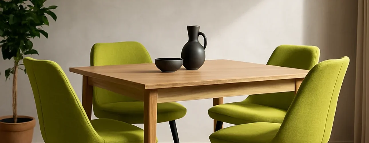 Een moderne eetkamer met een lichte houten tafel, vier met limoengroen beklede stoelen voor extra pit, een zwarte hanglamp erboven, zwarte vaas en schaal op tafel, een potplant in de hoek en zacht natuurlijk licht door een raam.