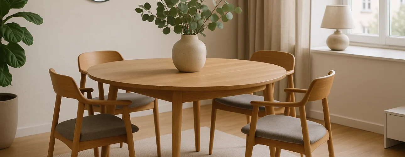 Een ronde houten eettafel voor vier personen - perfect als je je afvraagt "hoe groot is een eettafel voor 4 personen"- staat op een vloerkleed in een lichte kamer. Een vaas met groene takken, een potplant, een wandspiegel en een raam met beige gordijnen maken de look compleet.