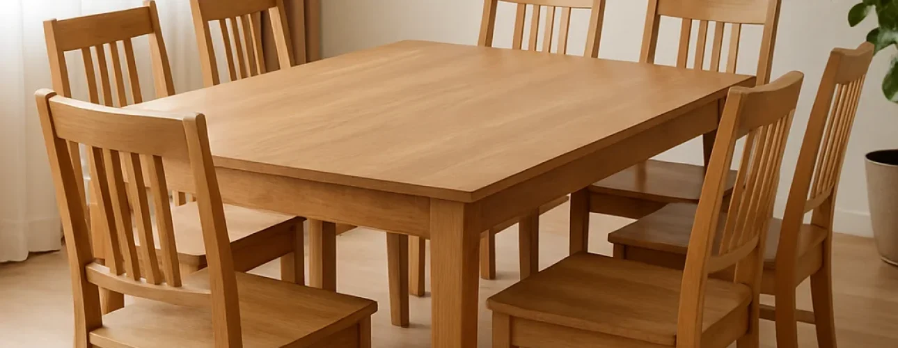 Een lichte houten eettafel - perfect voor wie zich afvraagt "hoe groot is een tafel voor 6 personen"- met zes bijpassende stoelen staat op een lichte houten vloer in een lichte kamer met een groot raam, beige gordijnen en een potplant in de hoek.