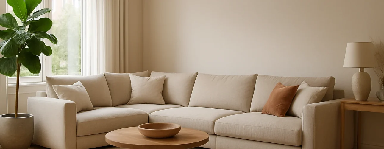 Een moderne woonkamer met een grote beige sofa, een ronde houten salontafel-ontdek wat het verschil is tussen een salontafel en een bijzettafel-plus een plant in pot, neutrale inrichting en natuurlijk licht door transparante gordijnen.
