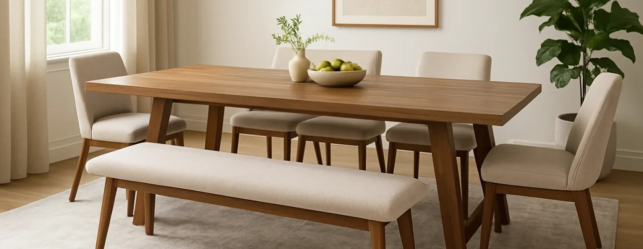 Een moderne eetkamer met een houten tafel, vier gestoffeerde stoelen, een bijpassende bank, een schaal met groene appels en minimalistische muurkunst. In tegenstelling tot een salontafel of bijzettafel staat de grote tafel in het middelpunt van de belangstelling omdat er natuurlijk licht binnenvalt door een raam.