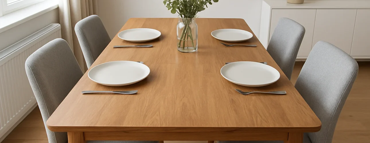 Een houten eettafel voor vier personen met witte borden, vorken en messen. Vier grijs gestoffeerde stoelen omringen de tafel-de perfecte grootte als je denkt: hoe groot moet een eettafel zijn voor 4 personen? De lichte kamer voelt minimalistisch en fris aan.