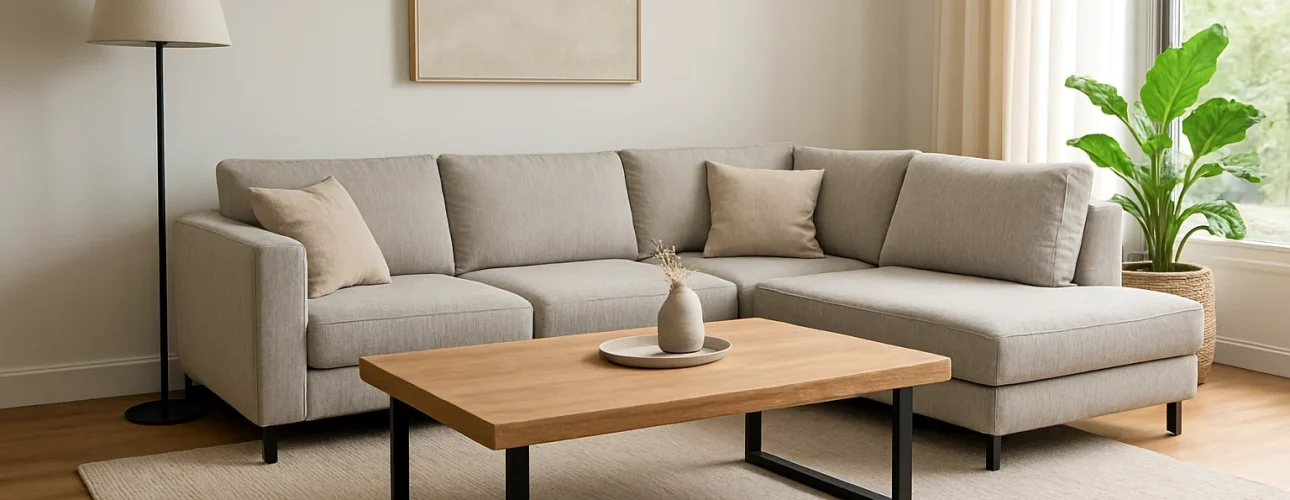 Een moderne woonkamer met een lichtgrijze sectionele bank en een houten salontafel-perfect voor wie zich afvraagt: hoe groot moet een salontafel zijn bij een hoekbank. Een staande lamp, een groot vloerkleed, een potplant en een lege ingelijste foto maken de lichte ruimte compleet.