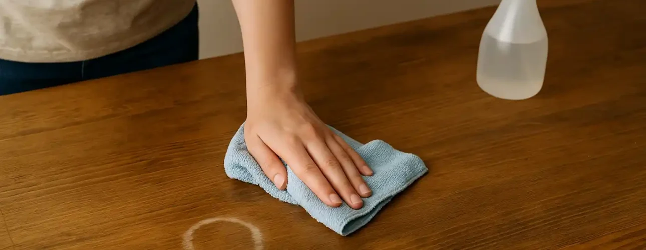 Iemand veegt met een blauwe doek een houten tafel af in de buurt van een witte ringvlek en vraagt zich af: hoe haal je afgegeven vlekken weg? Een spuitfles met schoonmaakmiddel staat op het oppervlak, klaar om hardnekkige vlekken aan te pakken.
