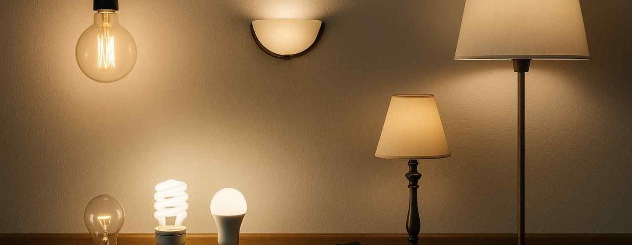 Diverse lichtbronnen op een rij: gloeilamp, spaarlamp, ledlamp, wandlamp, tafellamp en zaklamp. Warm, sfeervol licht in de woonkamer.