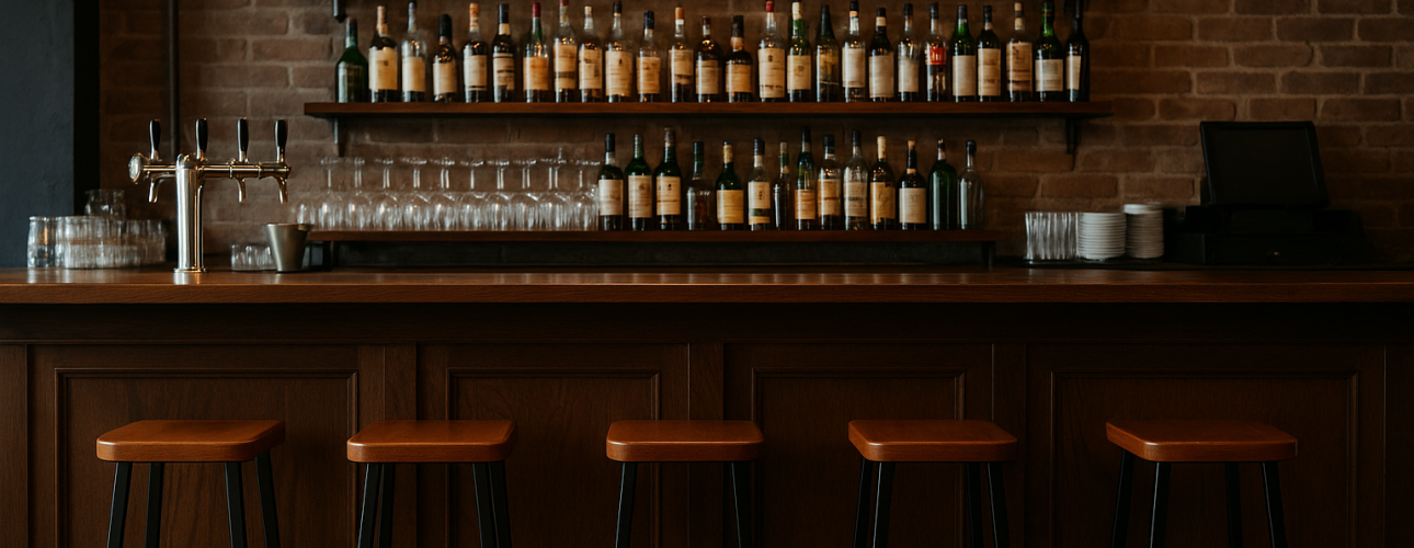 Een gezellige gemiddelde bar met vier krukken, een houten toonbank, planken met flessen drank, wijnglazen, gestapelde borden en drie hangende hanglampen tegen een bakstenen muur.