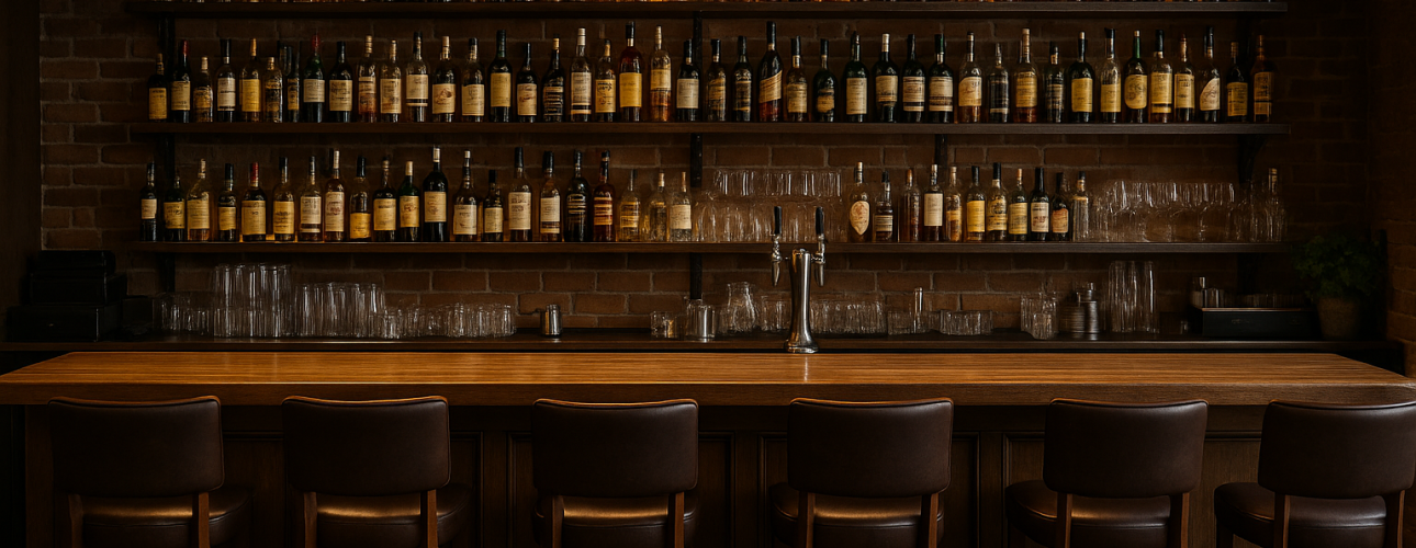 Een gezellige, gemiddelde bar met vijf bruine leren krukken, een houten toonbank, planken vol drankflessen en glaswerk en drie hanglampen tegen een zichtbare bakstenen muur.