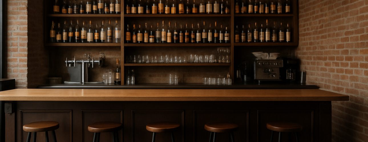 Een gezellig horeca-interieur heeft een houten toonbank met vier krukken, planken vol flessen en glazen, drie hangende hanglampen en een zichtbare bakstenen muur.