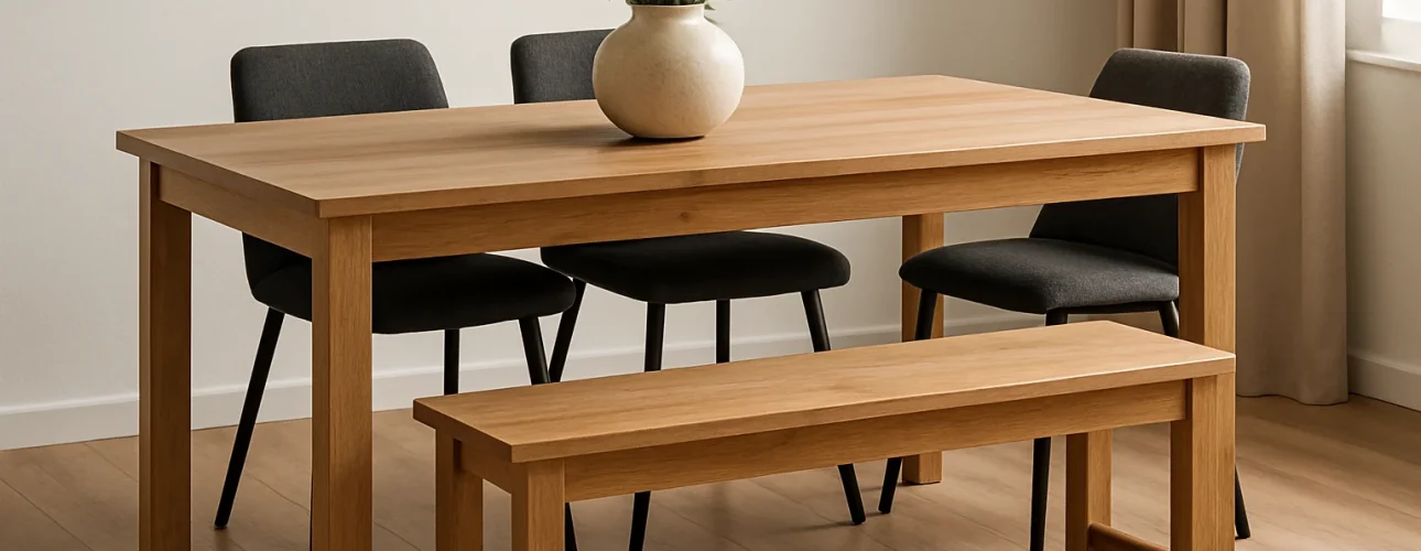 Een moderne eethoek met een houten tafel, drie donkere stoelen met kussens en een bank staat naast een raam met beige gordijnen en laat het verschil in functionaliteit zien - wat is het verschil tussen een salontafel en een bijzettafel - door middel van een doordacht ontwerp.