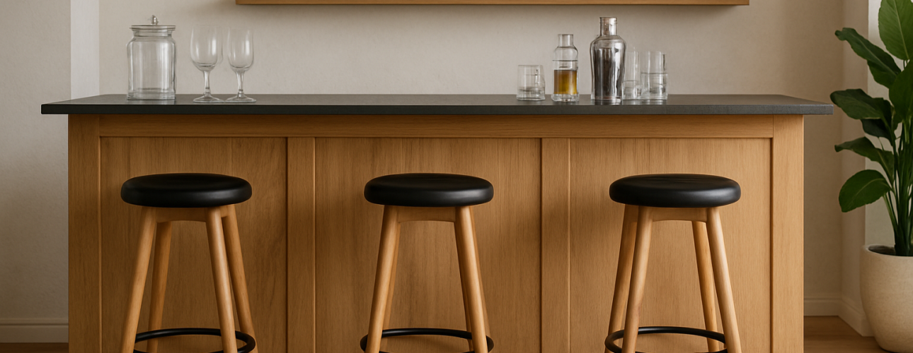 Een moderne thuisbar met een houten toonbank op de ideale hoogte-want hoe hoog moet een bar zijn-voor comfort, drie houten krukken met zwarte zittingen, glaswerk, flessen, een shaker en een plant; op een plank erboven staan nog meer flessen en glazen.