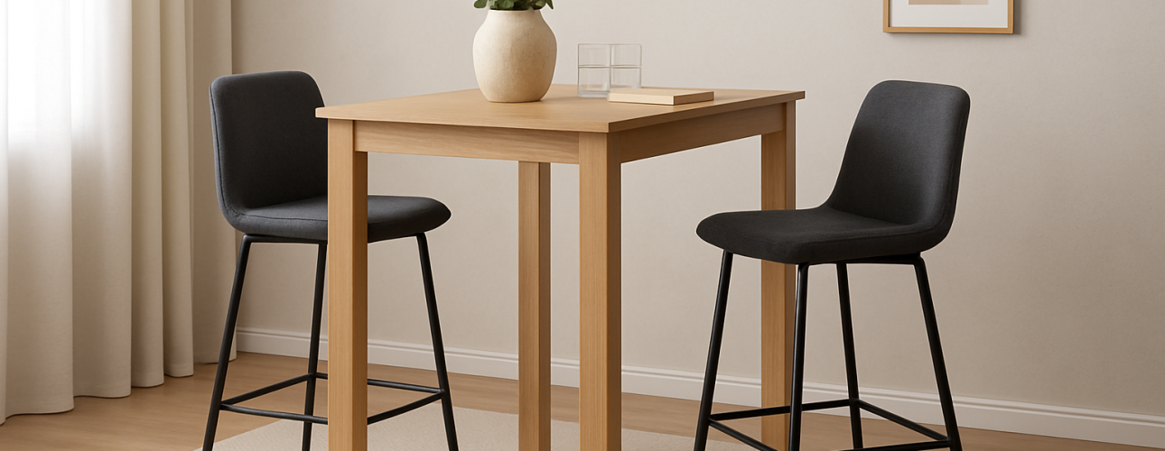 Een minimalistische eethoek met een lichthouten vierkante bartafel, twee zwarte stoelen met kussens en metalen poten, een beige vloerkleed, een vaas met groene bladeren en een ingelijst abstract kunstwerk op een lichtgekleurde muur.